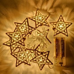 DecoLED LED světelný řetěz na baterie - kovové hvězdy, teple bílá, 10 diod, 1,3 m Obrázek pro produkt DecoLED LED světelný řetěz na baterie - kovové hvězdy, teple bílá, 10 diod, 1,3 m