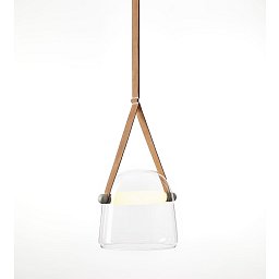 Obrázek pro produkt Závěsné svítidlo MONA LARGE LED 15W 3000K 760lm transparentní sklo / černý elox / popruhy kožené přírodní - BROKIS A