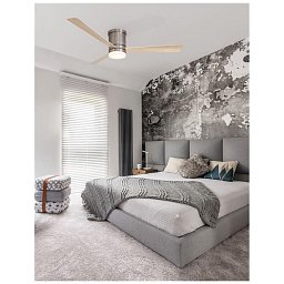 Obrázek pro produkt Stropní ventilátor se světlem SATIN broušený nikl ocel a sklo dřevěné listy 5 rychlostí 35W LED 18W 3000K - NOVA LUCE