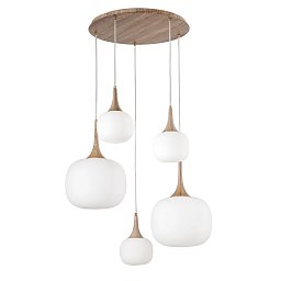 Obrázek pro produkt Závěsné svítidlo Jaipur, bílé/dřevo, 2 x E27 + 3 x E14, 70 x 70 x 200 cm - FANEUROPE
