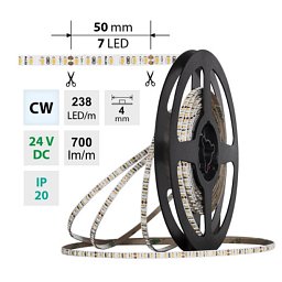 Obrázek pro produkt AKCE - LED pásek SMD2216 CW 238LED/m 7,2W/m  DC 24V 700lm/m CRI90 IP20 4mm délka 3m vodič A 1,0m -X03