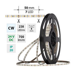 Obrázek pro produkt AKCE - LED pásek SMD2216 CW 238LED/m 7,2W/m DC 24V 700lm/m CRI90 IP20 4mm délka 4m vodič A 1,0m-X03