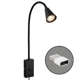 Obrázek pro produkt Justra lampa na čtení, nastavitelná, 2x USB porty, černá - BRILONER