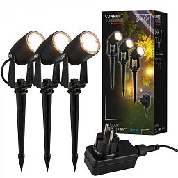 Obrázek pro produkt CONNECT TO SHINE startovací sada 12V zahradní osvětlení - trafo, 3x LED bodové svítidlo se zápichem, nastavitelné, IP65, černá - BRILONER